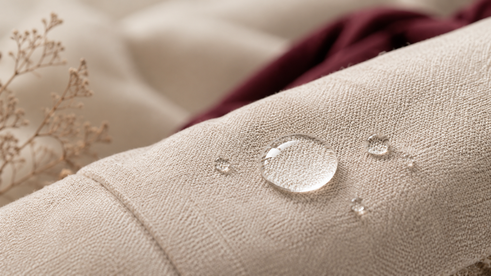 Goutte perlant sur tissu traité anti-tache
