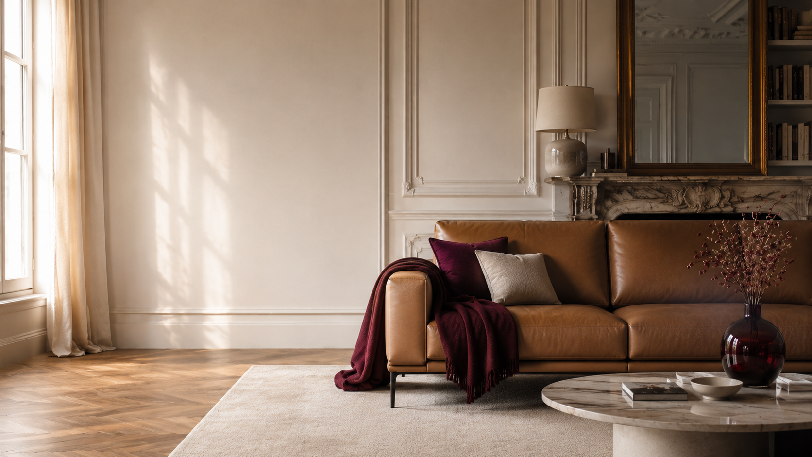 Salon haussmannien avec canapé cuir cognac