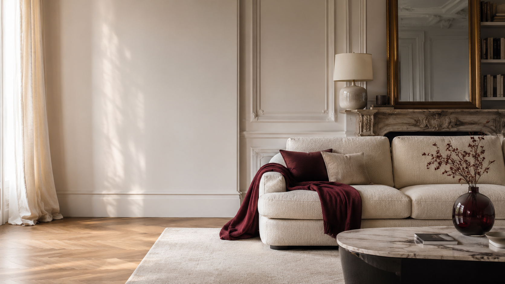 Salon haussmannien avec canapé tissu beige et plaid bordeaux